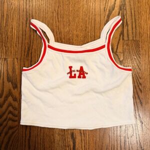 PacSun LA Pacific Sunwear Ribbed Crop Tank Top Ringer Trim Small White Red‎